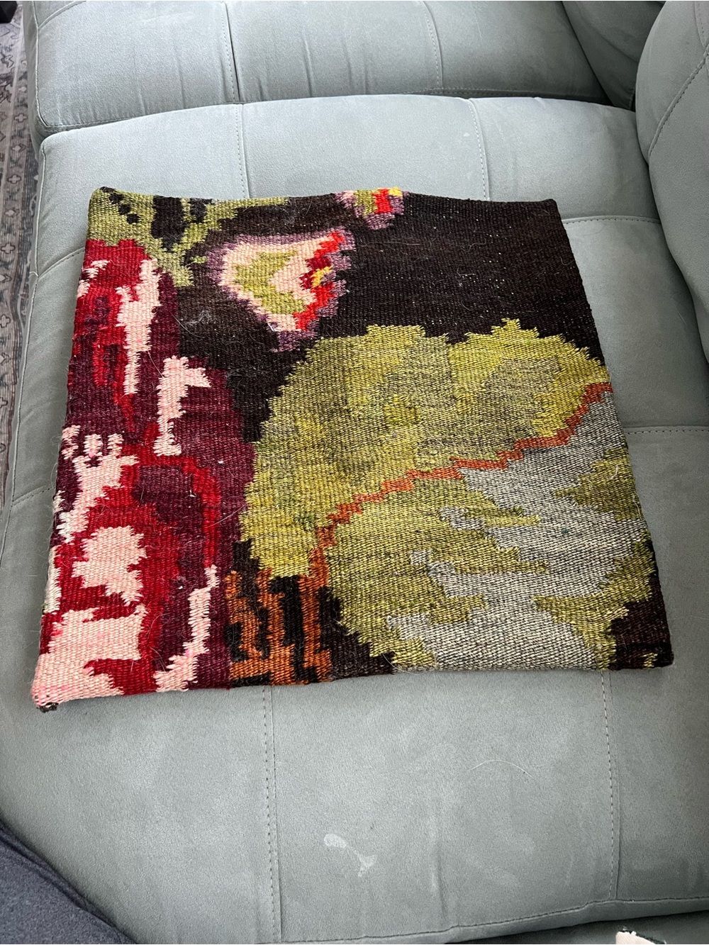 Handwoven Abstract Floral Accent Pillow Cover in Olive, Red, Pink